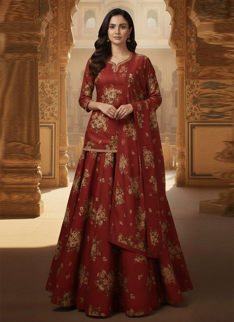 Maroon Chinon Digital Printed Lehenga With Long Choli Wedding Wear