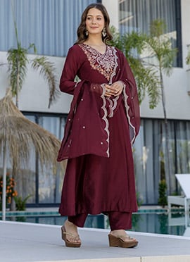 Maroon Chinon Embroidered  Anarkali Suit