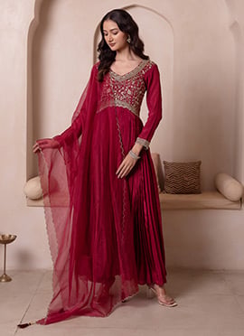 Maroon Chinon Embroidered Anarkali Suit