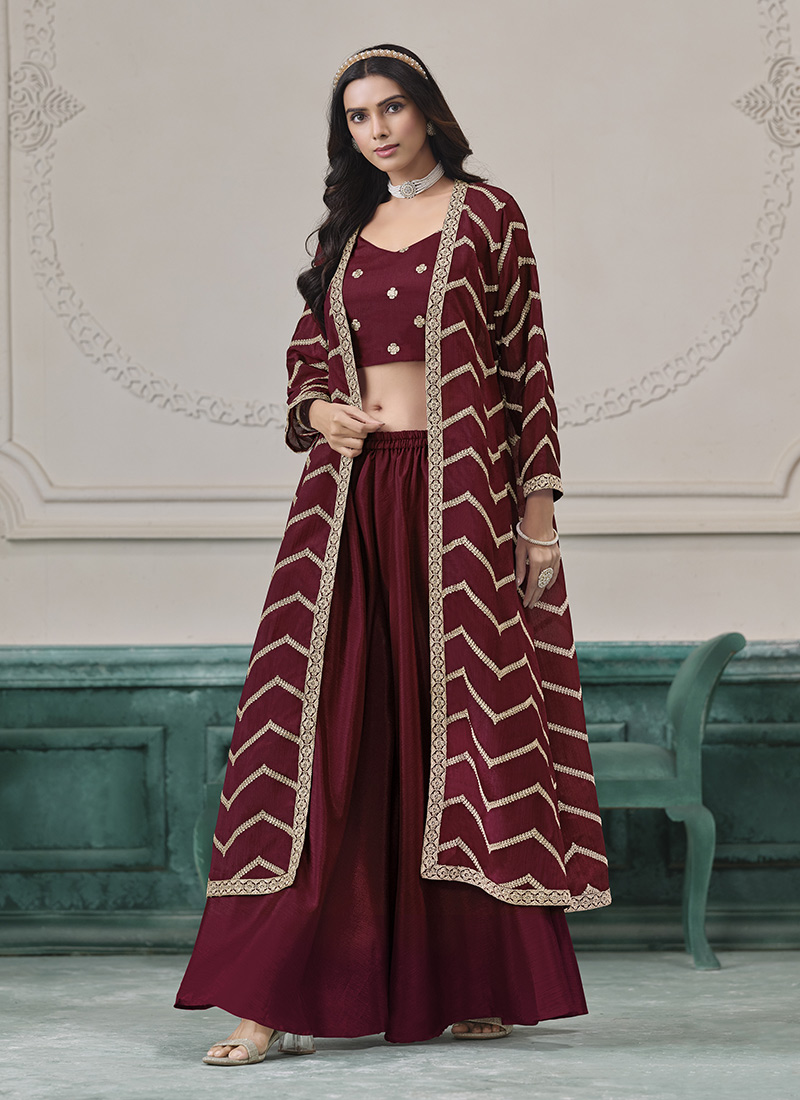 Maroon Chinon Embroidered Indowestern Sets and Suits Festive Wear