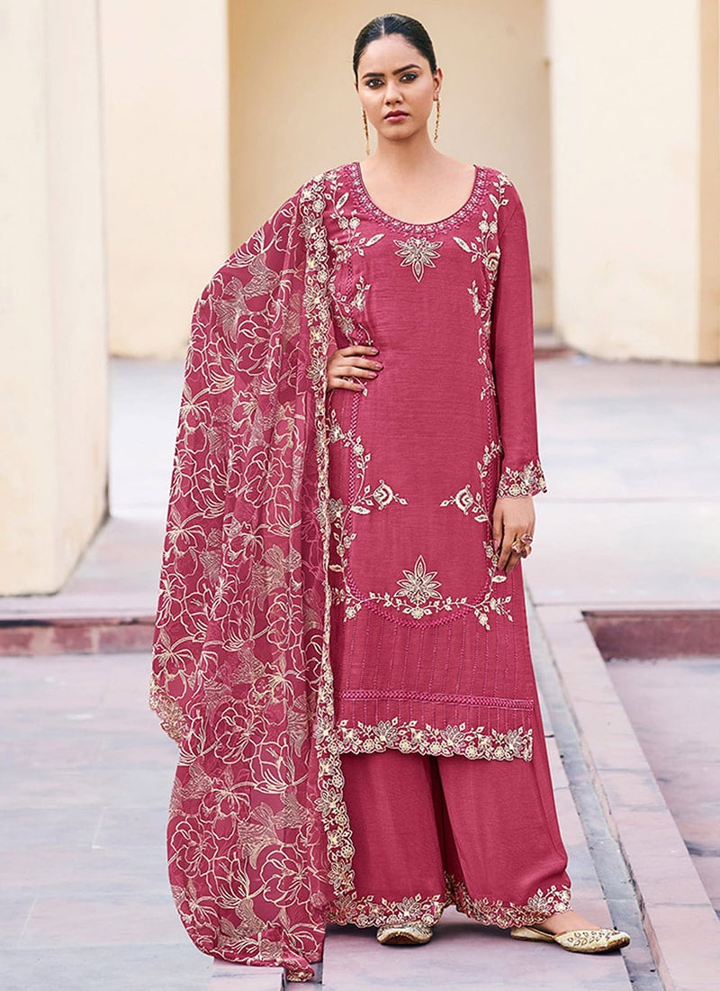 Maroon Chinon Embroidered Palazzo Suit Festive Wear