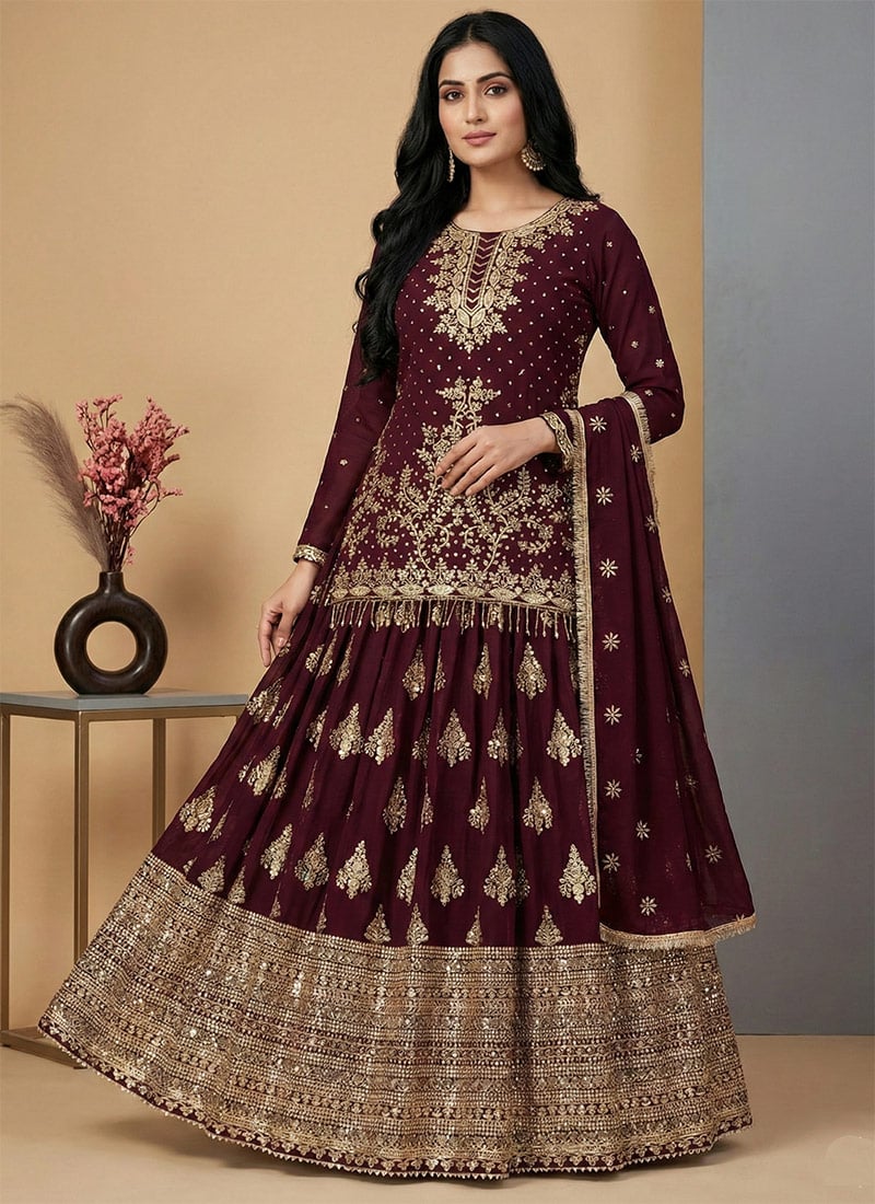 Maroon Chinon Embroidered Sequins A Line Lehenga Festive Wear