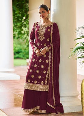 Maroon Chinon Embroidered Sequins Palazzo Suit