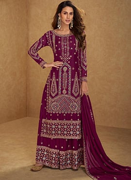 Maroon Chinon Embroidered Sequins Palazzo Suit