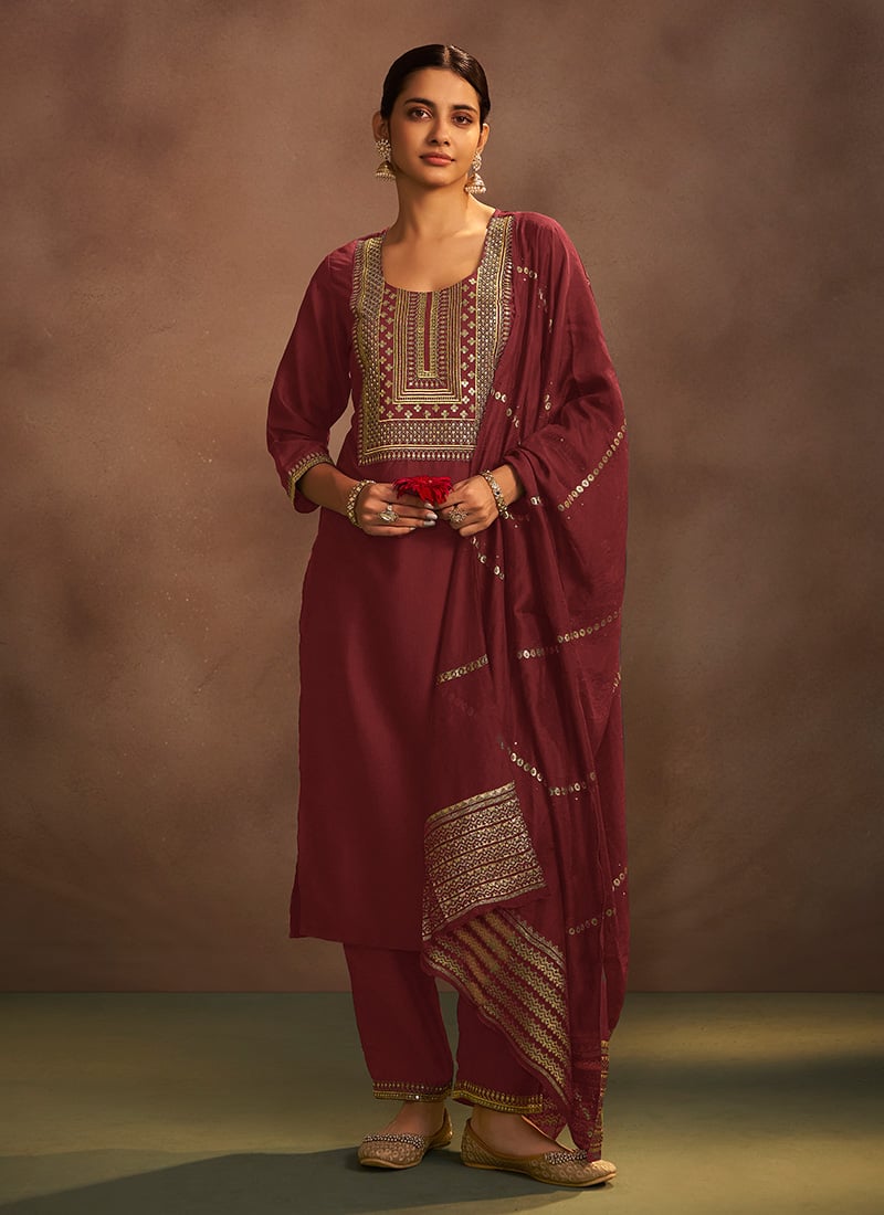 Maroon Chinon Embroidered Straight Pant Suit After Six Wear