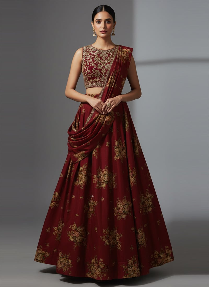 Maroon Chinon Lehenga With Zari And Sequins Work Wedding Wear