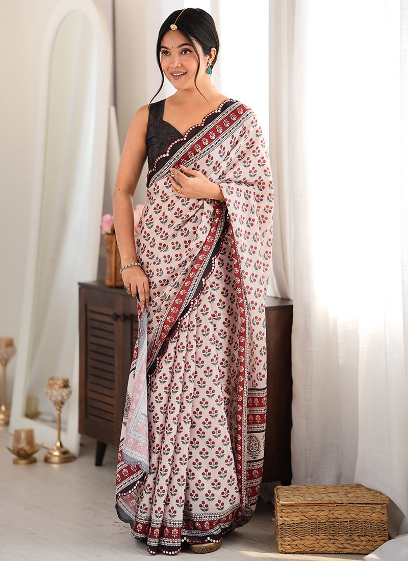 Maroon Chinon Mirror Work Printed Saree After Six Wear