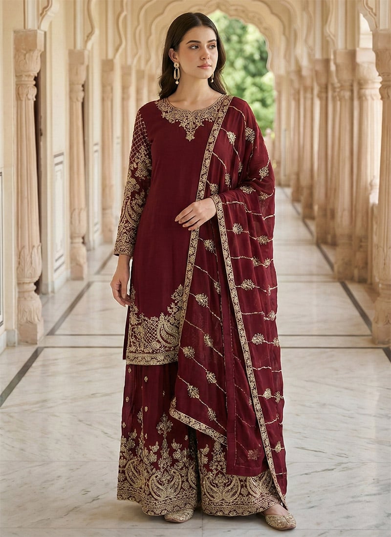 Maroon Chinon Silk  Zari Embroidered Sequins Palazzo Suit Festive Wear