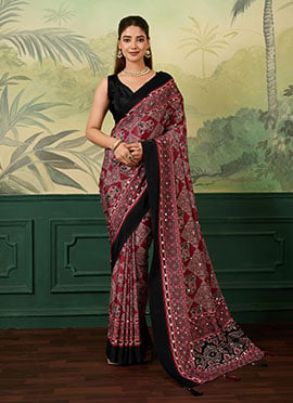 Maroon Chinon Silk Digital Print Mirror Work Saree