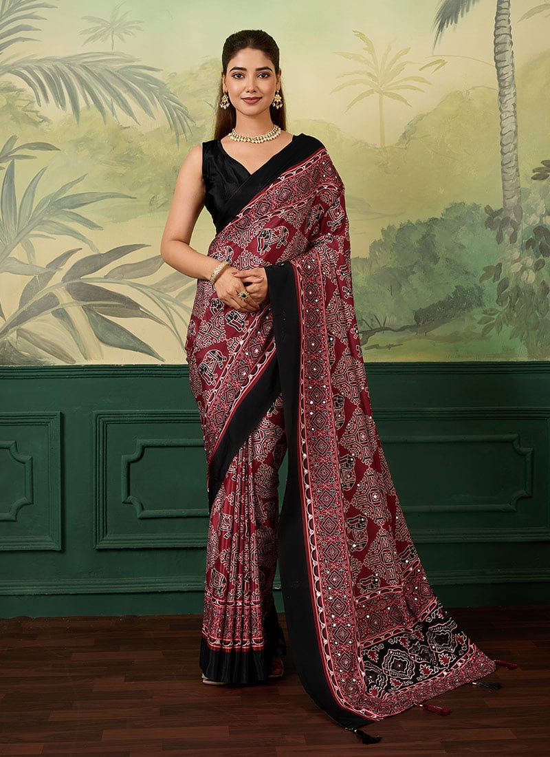 Maroon Chinon Silk Digital Print Mirror Work Saree After Six Wear