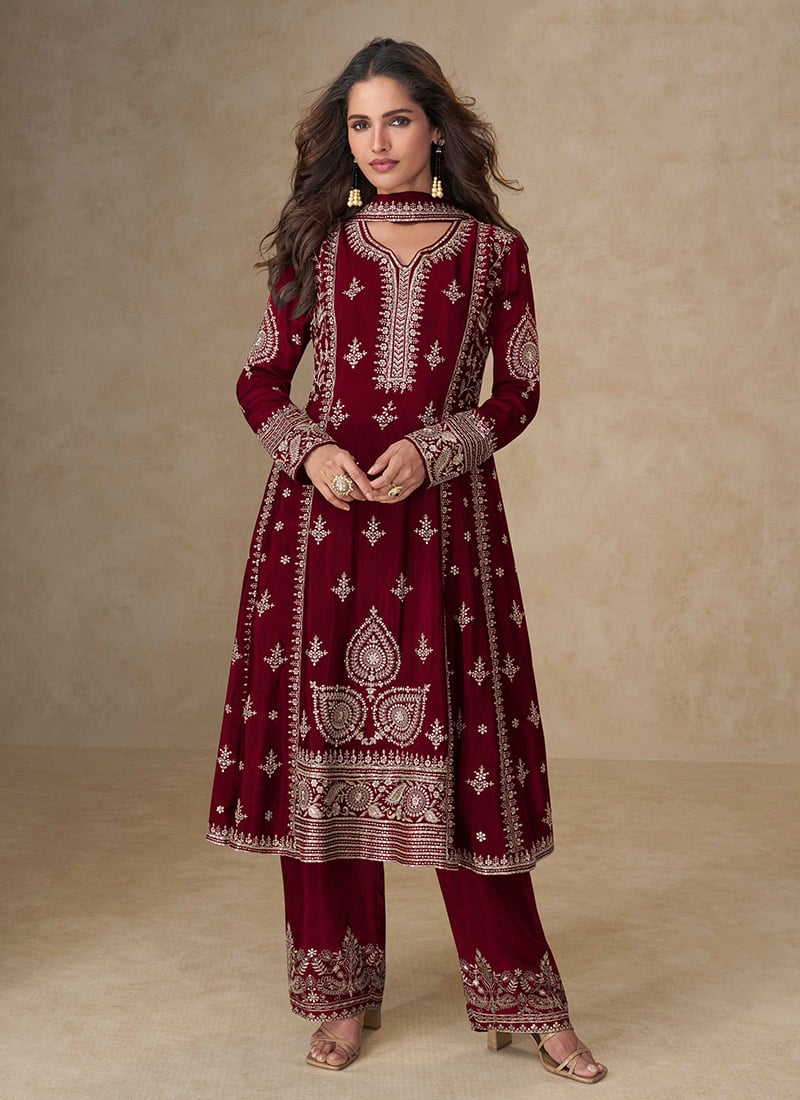 Maroon Chinon Silk Embroidered Sequins A Line Palazzo Suit Festive Wear