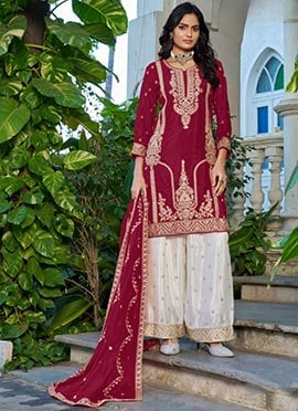 Maroon Chinon Silk Embroidered Sequins Palazzo Suit