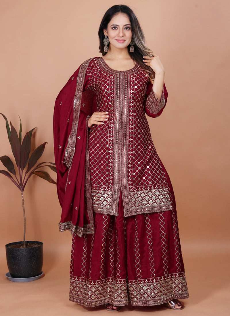 Maroon Chinon Silk Embroidered Sequins Palazzo Suit Festive Wear
