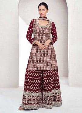 Maroon Chinon Silk Embroidered Sequins Ravishing Palazzo Suit