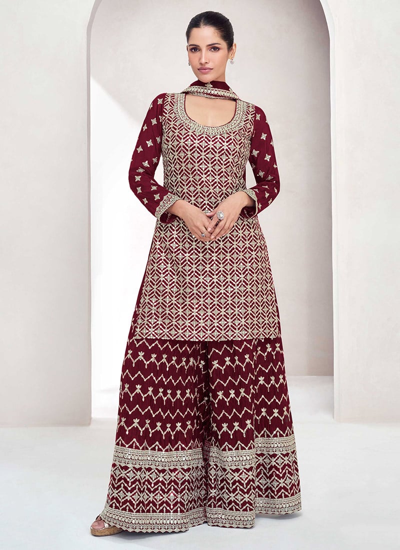 Maroon Chinon Silk Embroidered Sequins Ravishing Palazzo Suit Festive Wear