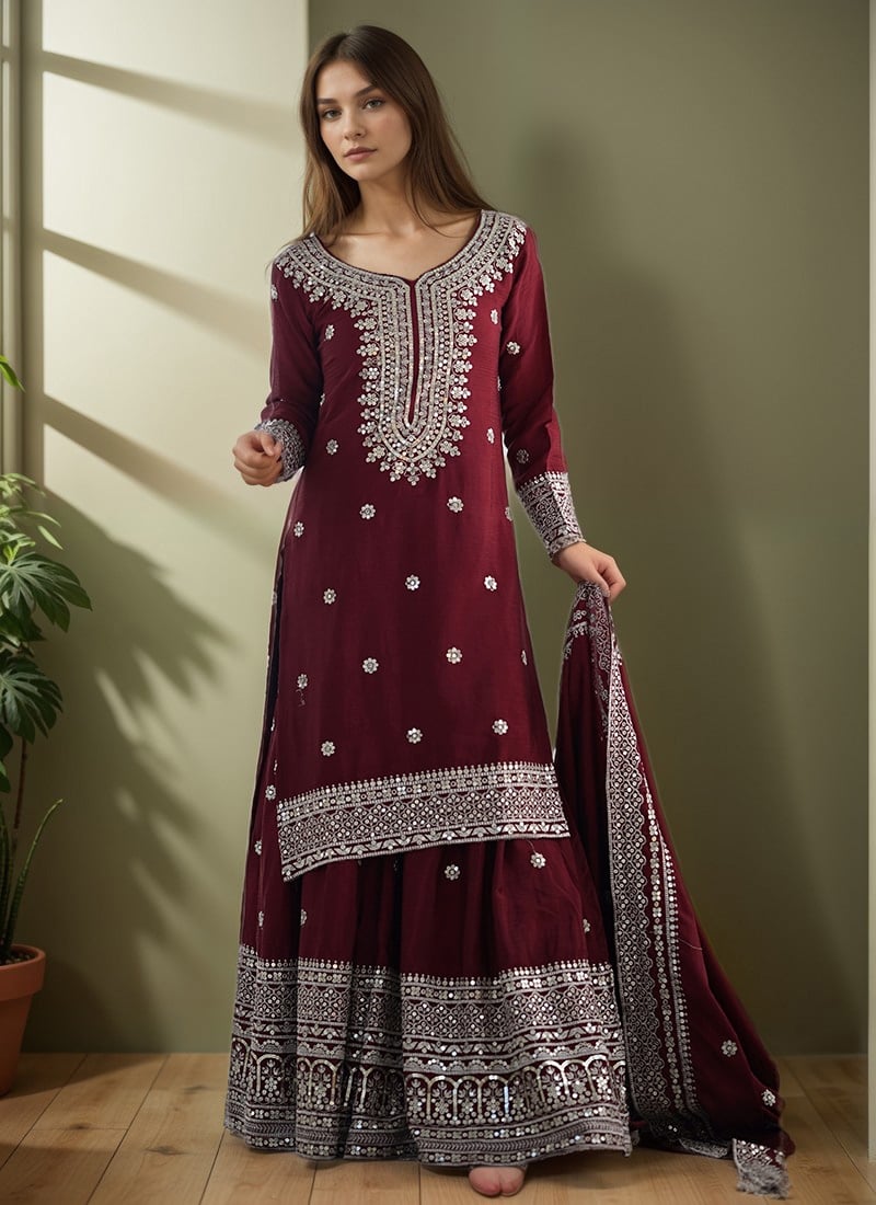 Maroon Chinon Silk Embroidered Sequins Sharara Suit Festive Wear