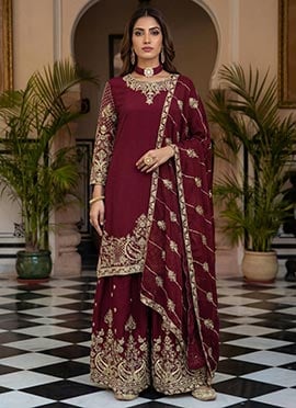 Maroon Chinon Silk Embroidered Sequins Zari Palazzo Suit