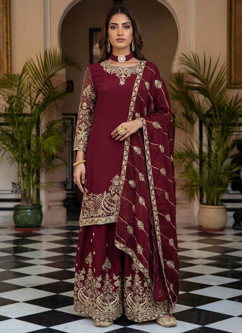 Maroon Chinon Silk Embroidered Sequins Zari Palazzo Suit Festive Wear