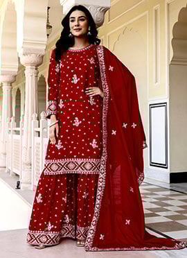 Maroon Chinon Silk Embroidered Sequins Zari Sharara Suit