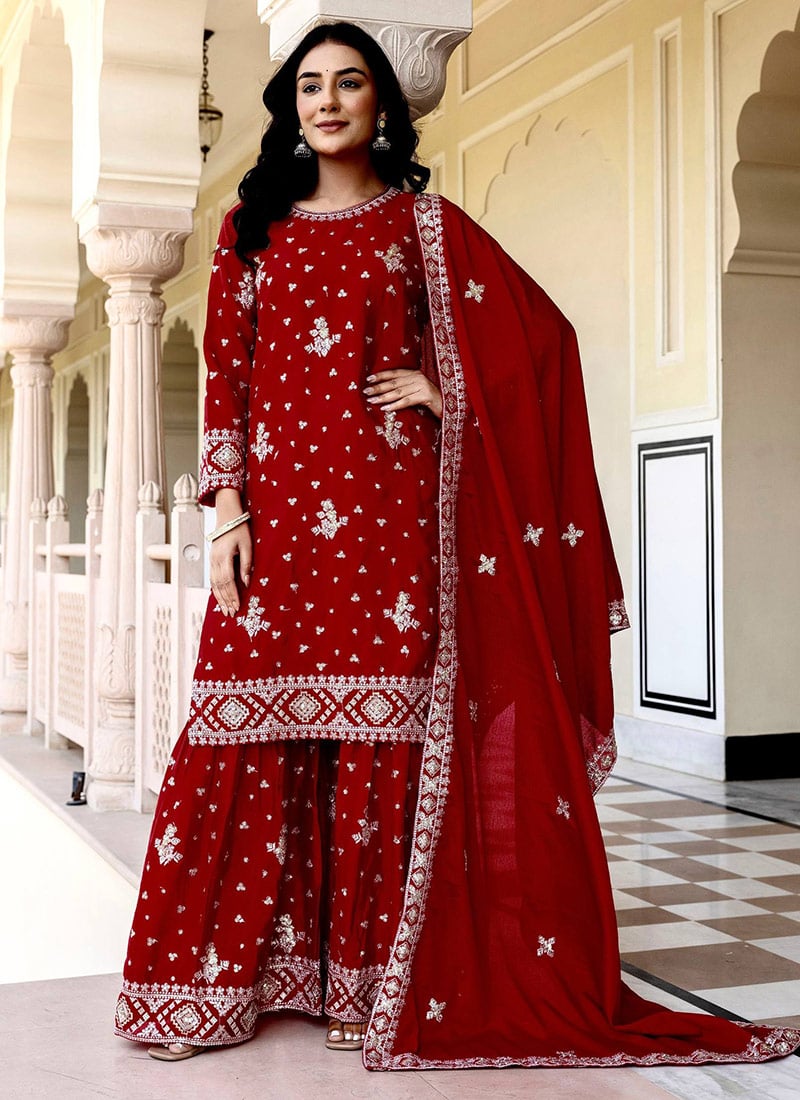 Maroon Chinon Silk Embroidered Sequins Zari Sharara Suit Festive Wear