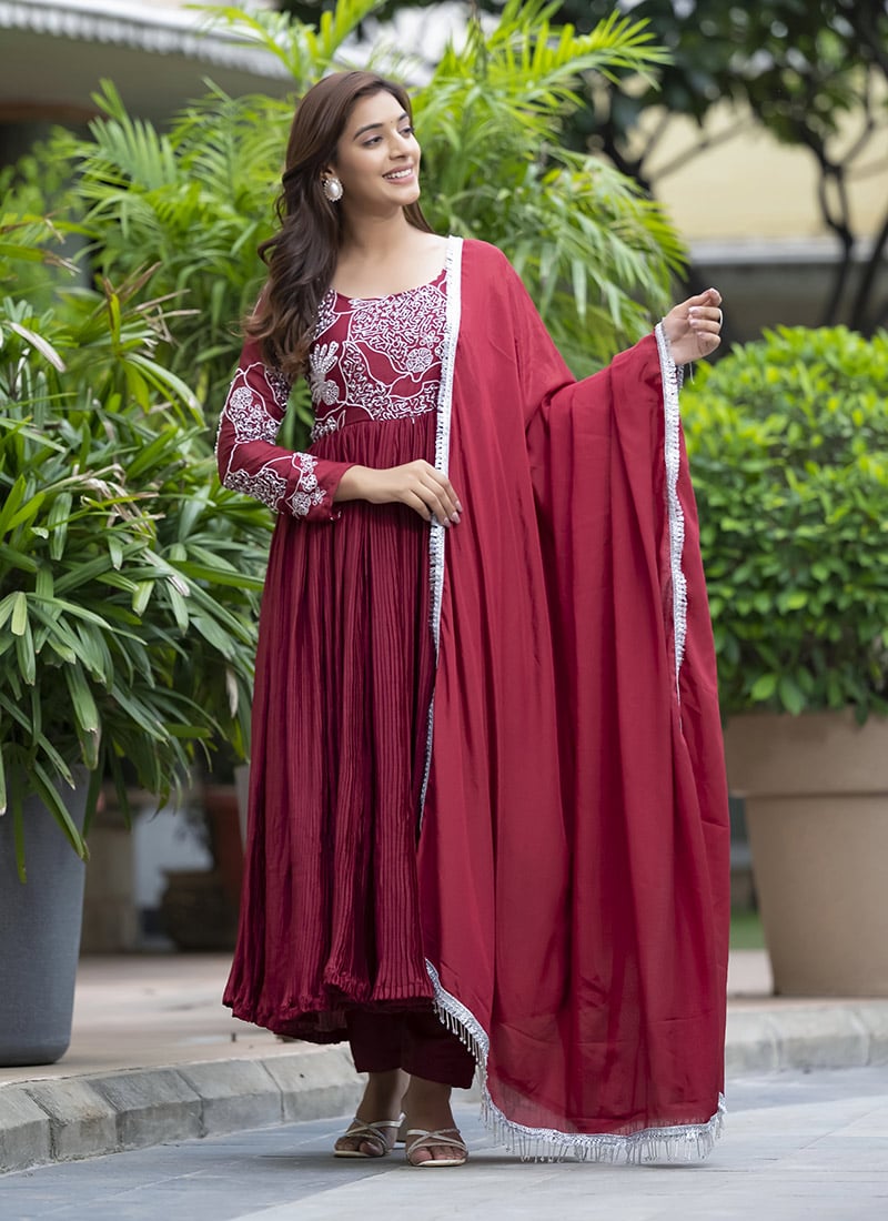 Maroon Chinon Silk Embroidered With Beads Work Anarkali Suit Festive Wear