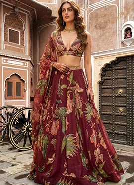 Maroon Chinon Silk Sequence Cutdana Embroidered Digital Print Lehenga