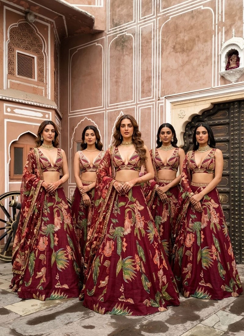 Maroon Chinon Silk Sequence Cutdana Embroidered Digital Print Lehenga Wedding Wear