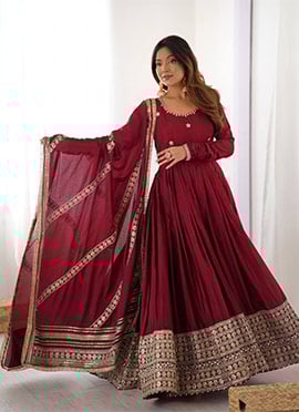 Maroon Chinon Silk Zari Embroidered Sequins Anarkali Suit