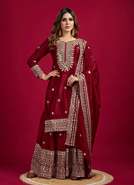 Maroon Chinon Zari Embroidered Sequins Sharara Suit
