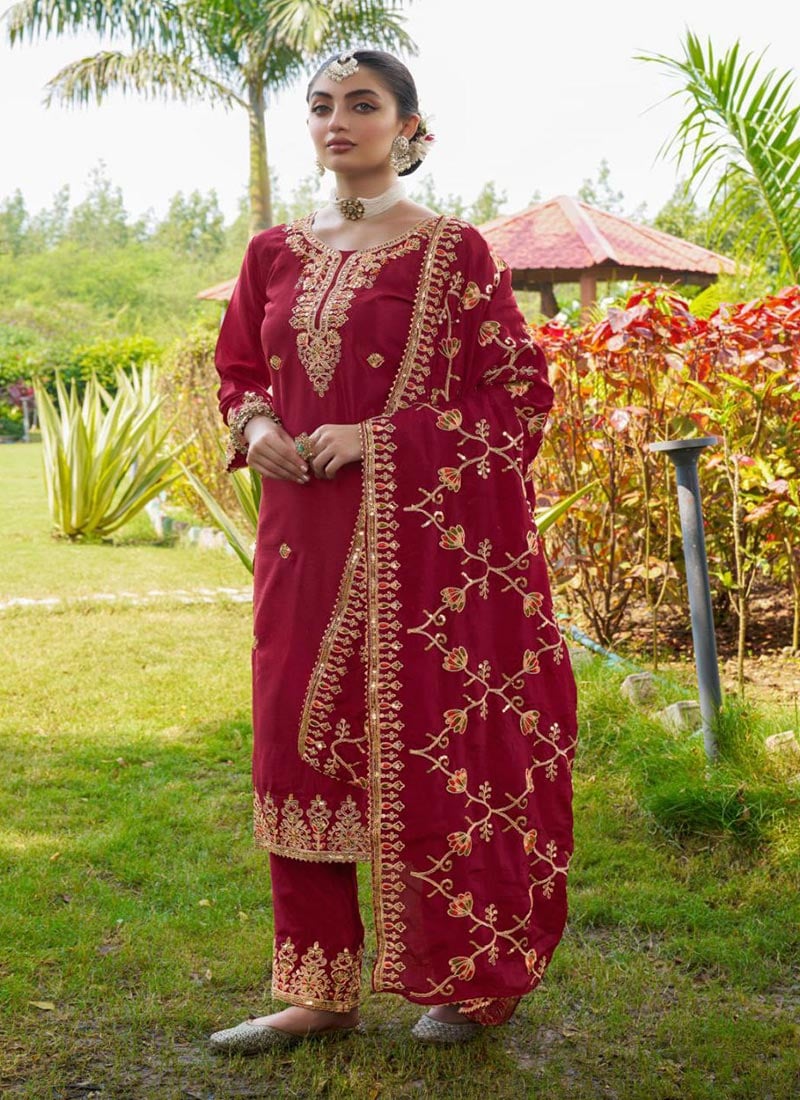 Maroon Chinon Zari Embroidered Sequins Straight Pant Suit