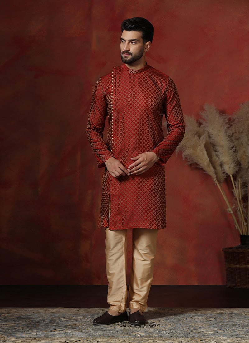 Maroon Cotton Blend Printed Kurta Pyjama Festive Wear