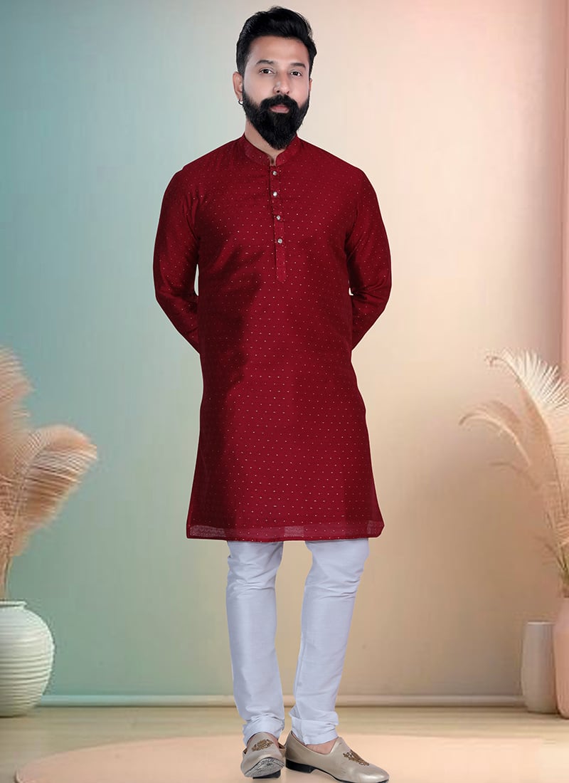 Maroon Cotton Chanderi Butti Kurta Pyjama Festive Wear