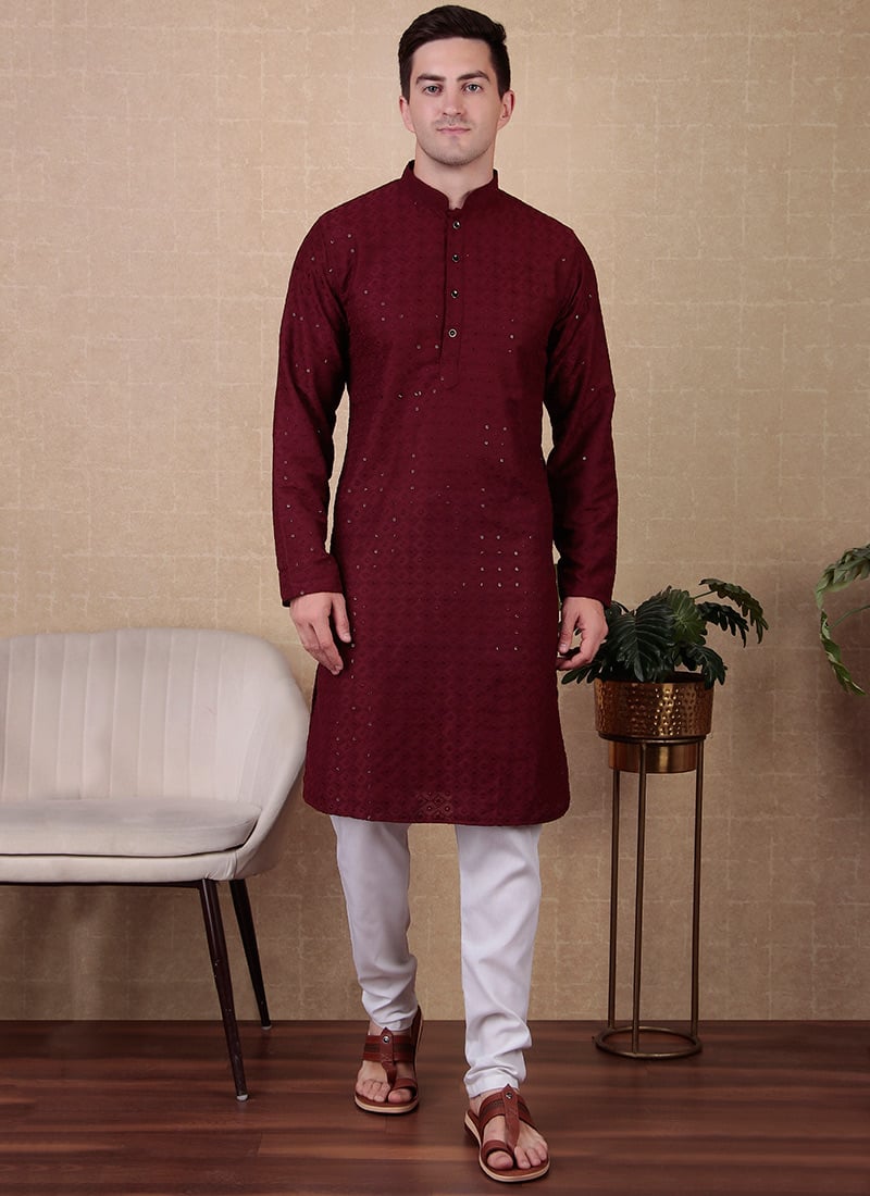 Maroon Cotton Chikankari Sequins Kurta Pyjama Festive Wear