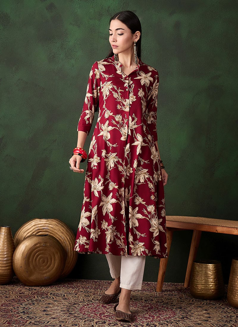 Maroon Cotton Digital Print Shirt Dress After Six Wear