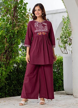 Maroon Cotton Embroidered Indowestern Co ord Set