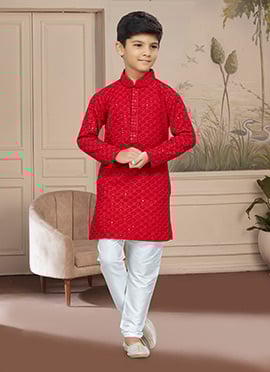 Maroon Cotton Embroidered Kurta Pyjama For Boys