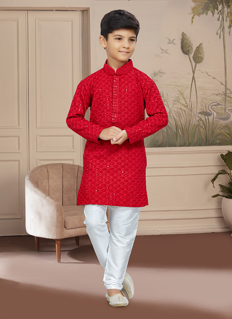 Maroon Cotton Embroidered Kurta Pyjama For Boys Festive Wear