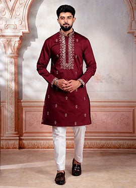 Maroon Cotton Embroidered Kurta Pyjama For Men