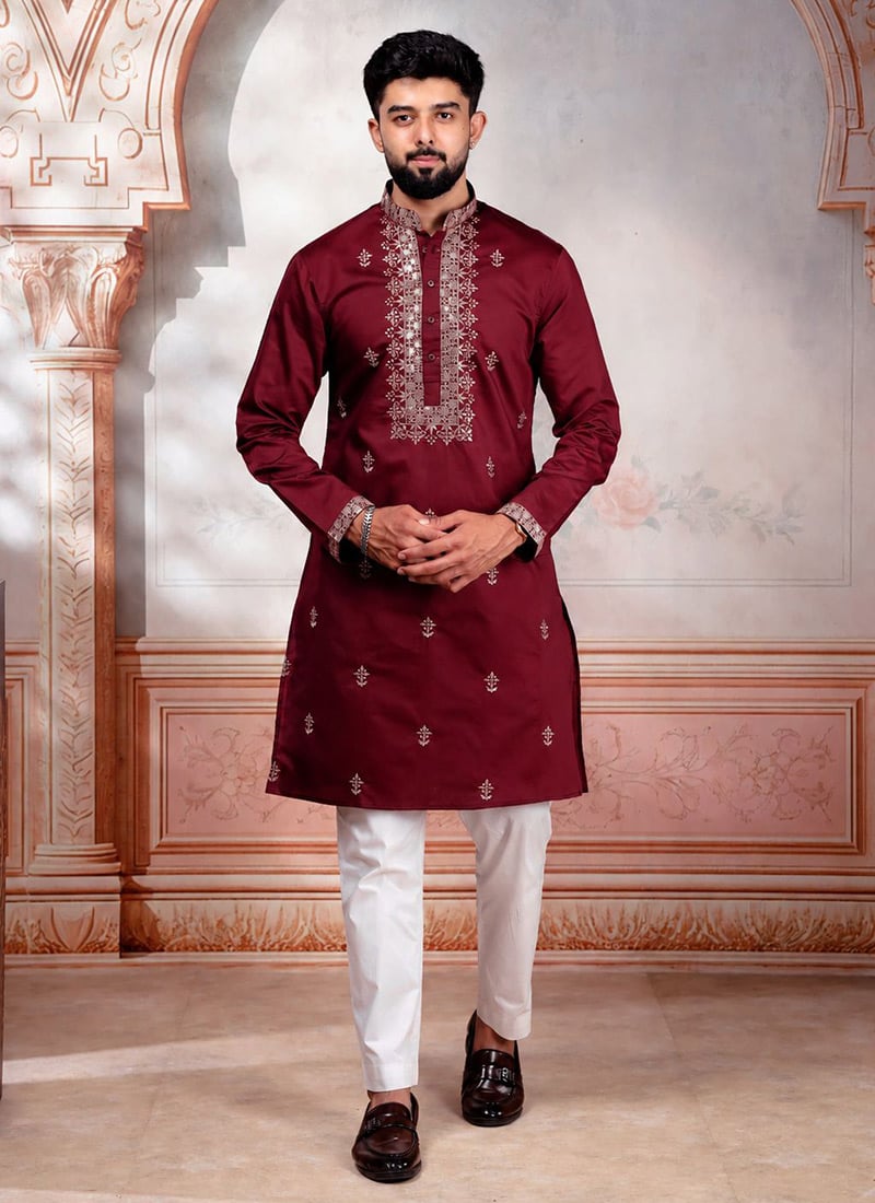 Maroon Cotton Embroidered Kurta Pyjama For Men Festive Wear