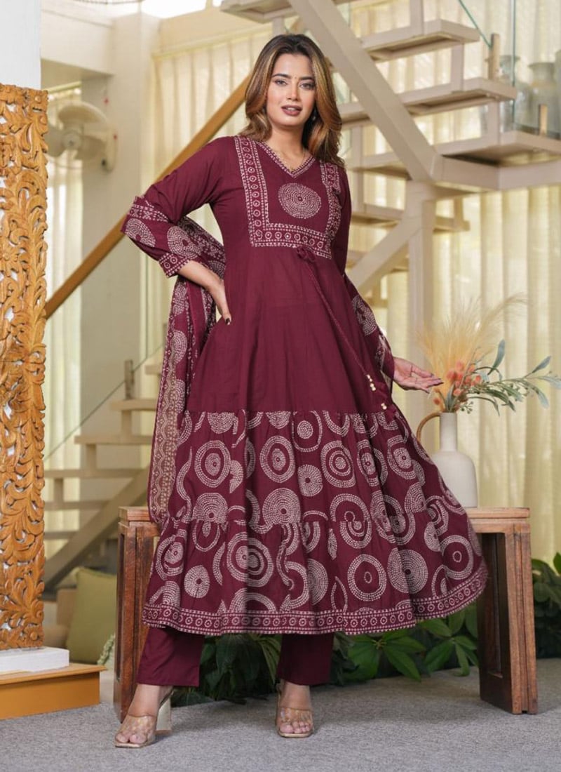 Maroon Cotton Embroidered Printed Straight Pant Suit After Six Wear