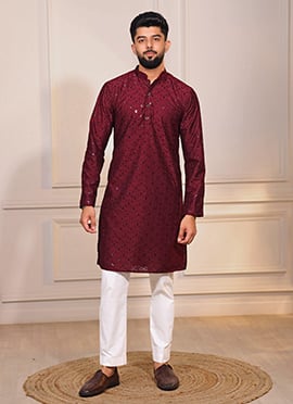 Maroon Cotton Embroidered Sequins Kurta Pyjama For Men