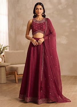 Maroon Cotton Embroidered Sequins Lehenga