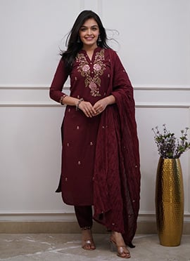 Maroon Cotton Embroidered Straight Pant Suit