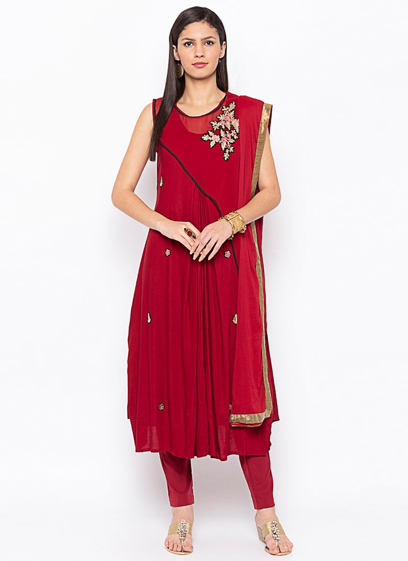 Maroon Cotton Embroidered Straight Pant Suit