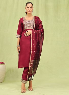 Maroon Cotton Embroidered Straight Pant Suit