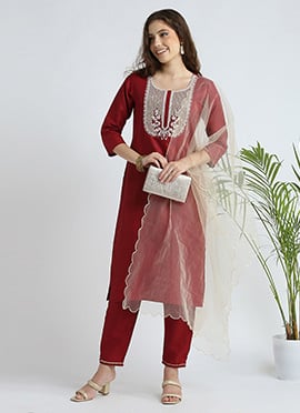 Maroon Cotton Embroidered Straight Pant Suit