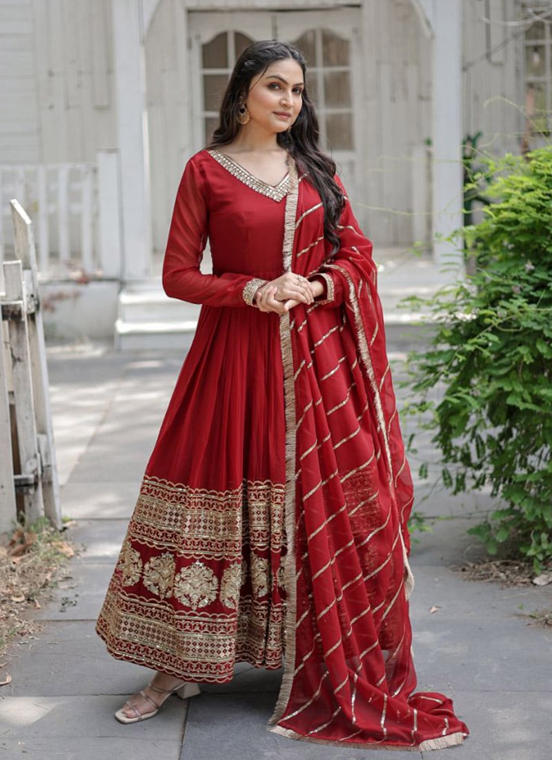 Maroon Cotton Gota Embroidered Sequins Anarkali Suit Festive Wear