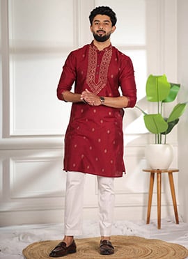 Maroon Cotton Jacquard Kurta Pyjama For Men