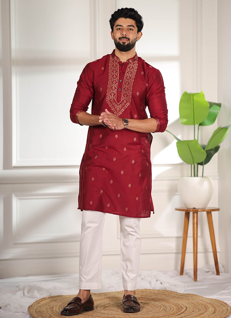 Maroon Cotton Jacquard Kurta Pyjama For Men Festive Wear