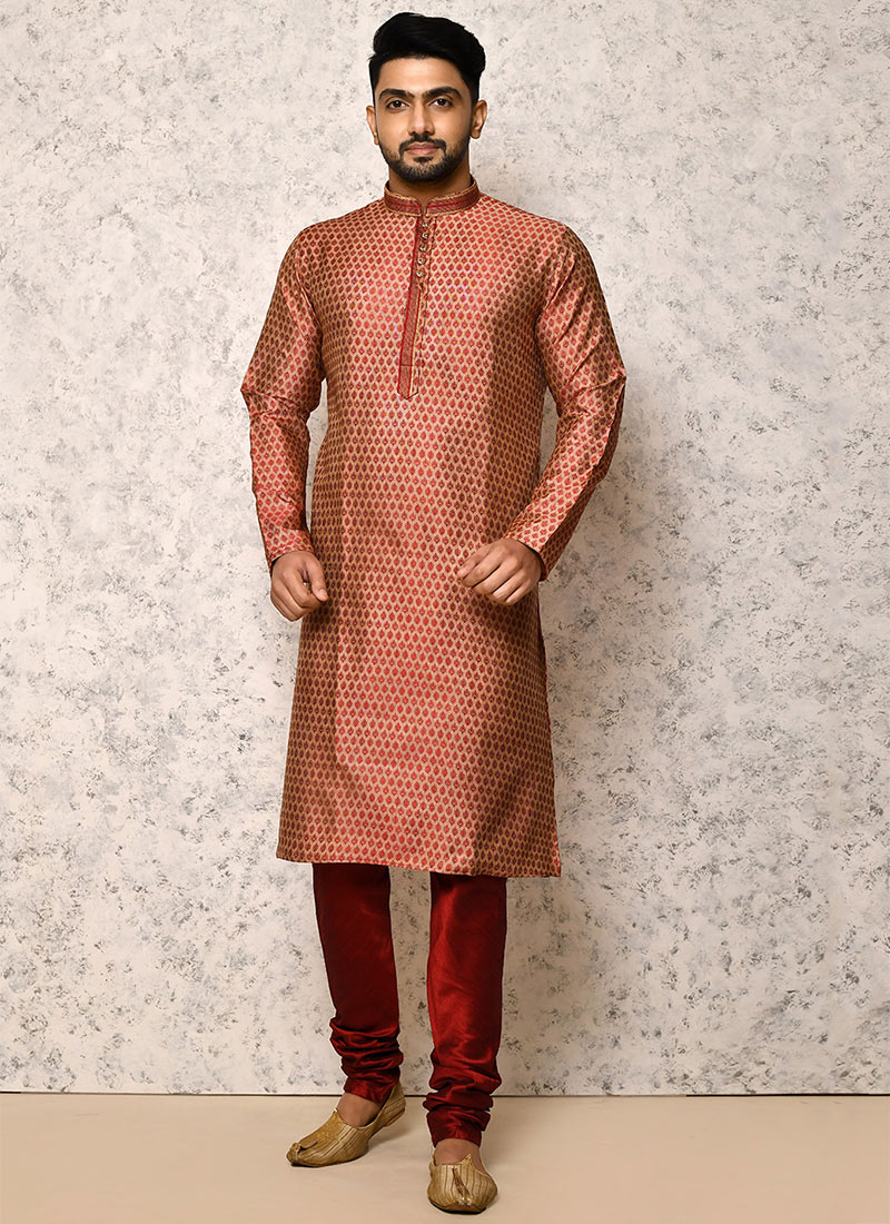 Maroon Cotton Jacquard Kurta Pyjama Party Wear